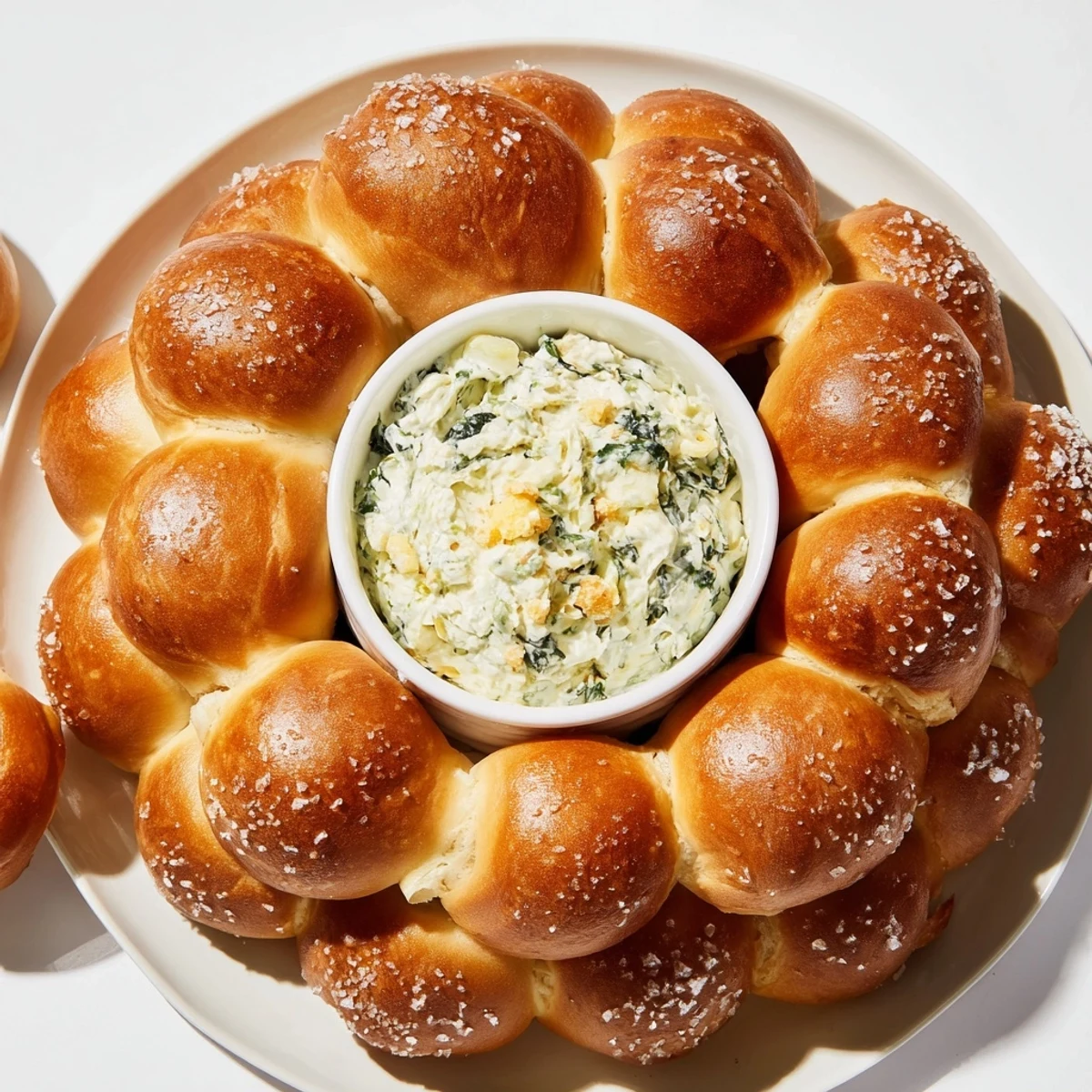 Warm pretzel bites with savory spinach dip form this inviting Pretzel Wreath Dip Ring appetizer.