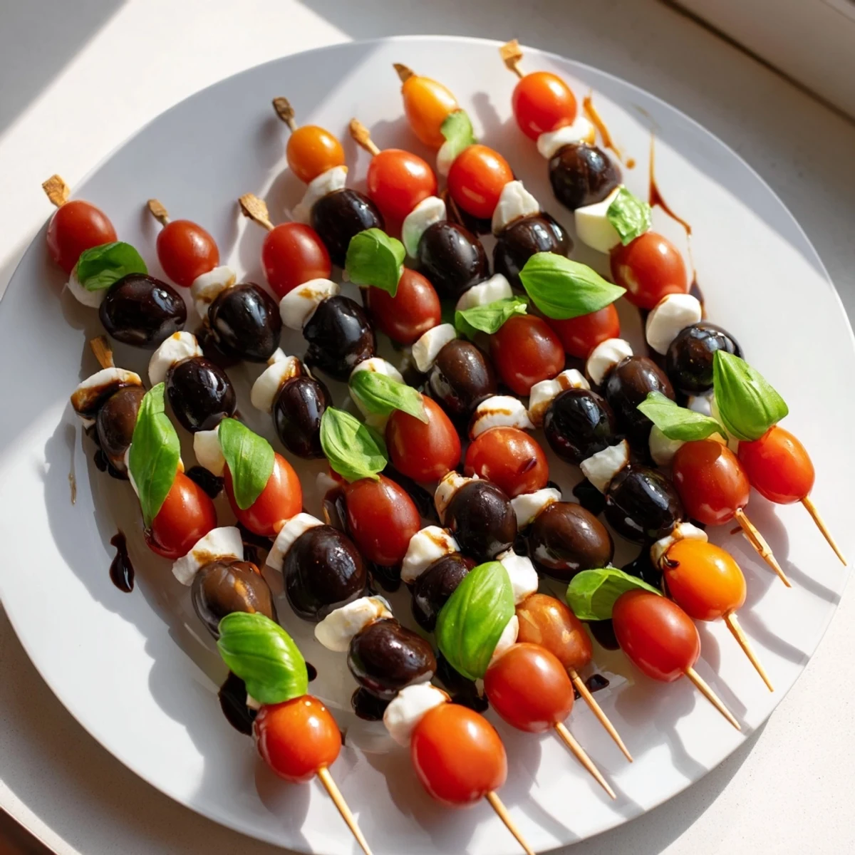 Christmas Lights Olive and Tomato Skewers arranged on a platter, showcasing vibrant cherry tomatoes and olives.