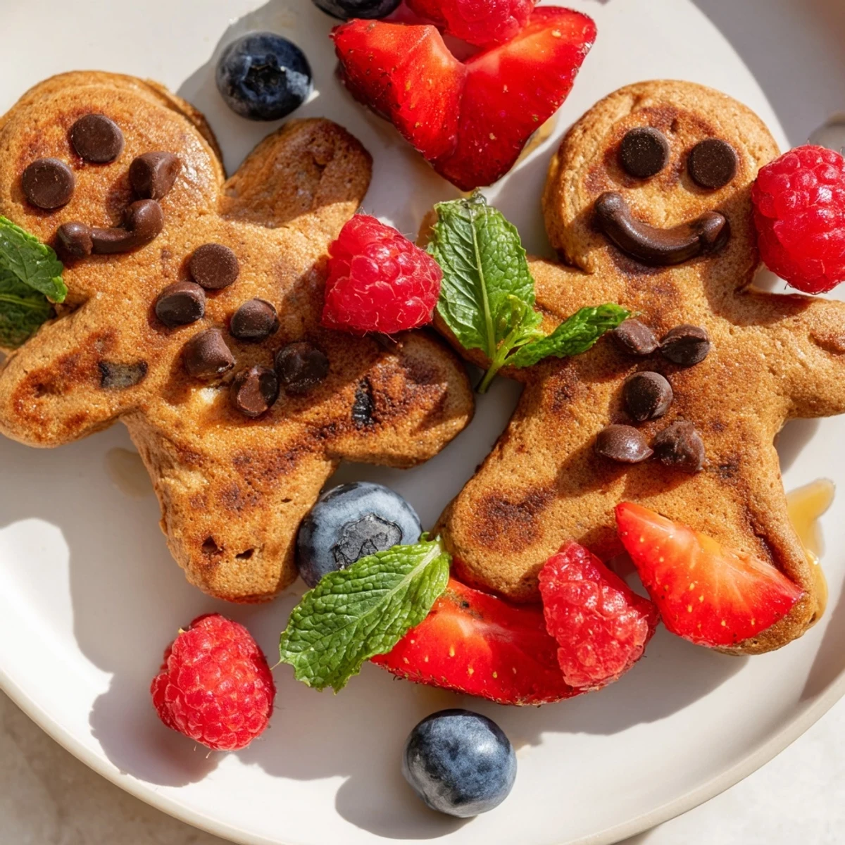 Festive Gingerbread Boy Berry Board, showcasing golden gingerbread pancakes with vibrant berries and creamy yogurt.