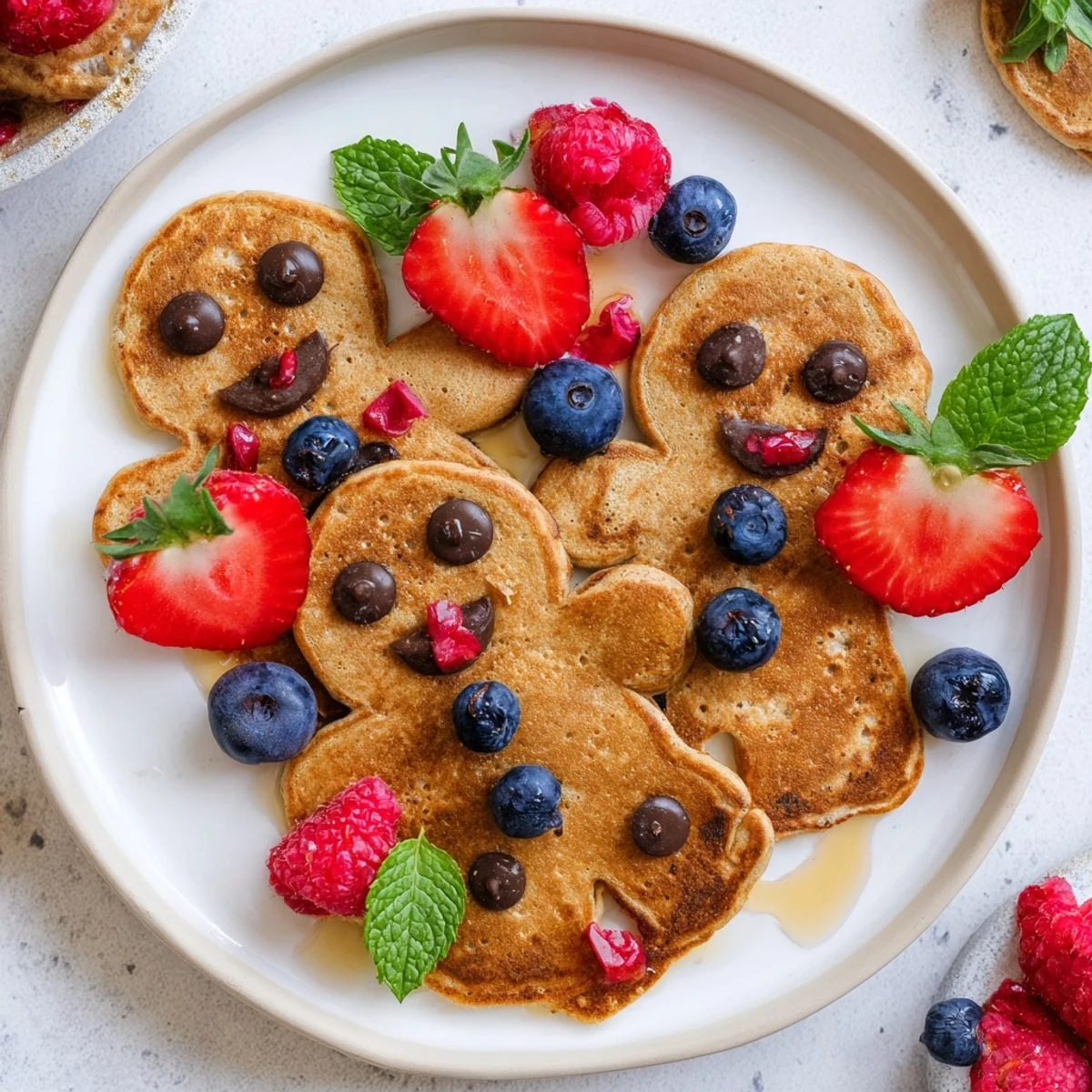 A delicious Gingerbread Boy Berry Board features heart-shaped pancakes, fresh fruit, and sweet yogurt for a fun breakfast.