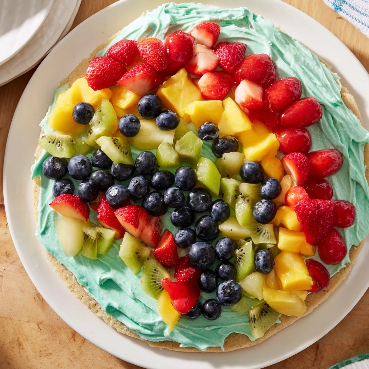 Vibrant Under the Sea Mermaid Tail Fruit Pizza, with colorful fruit arranged on a cookie crust, ready to serve.
