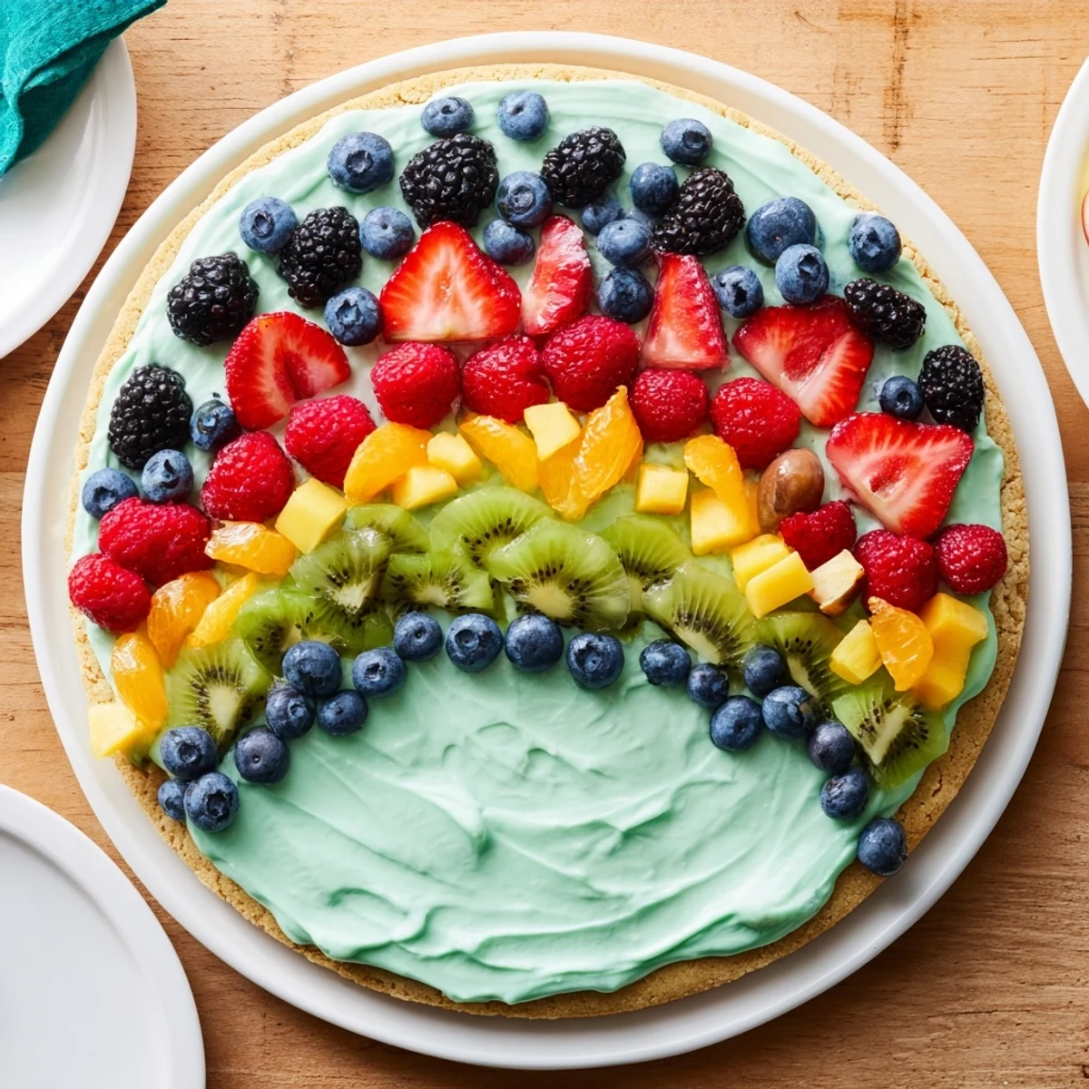 Close-up of a delightful Under the Sea Mermaid Tail Fruit Pizza, showing a creamy base, topped with fresh, bright fruit.