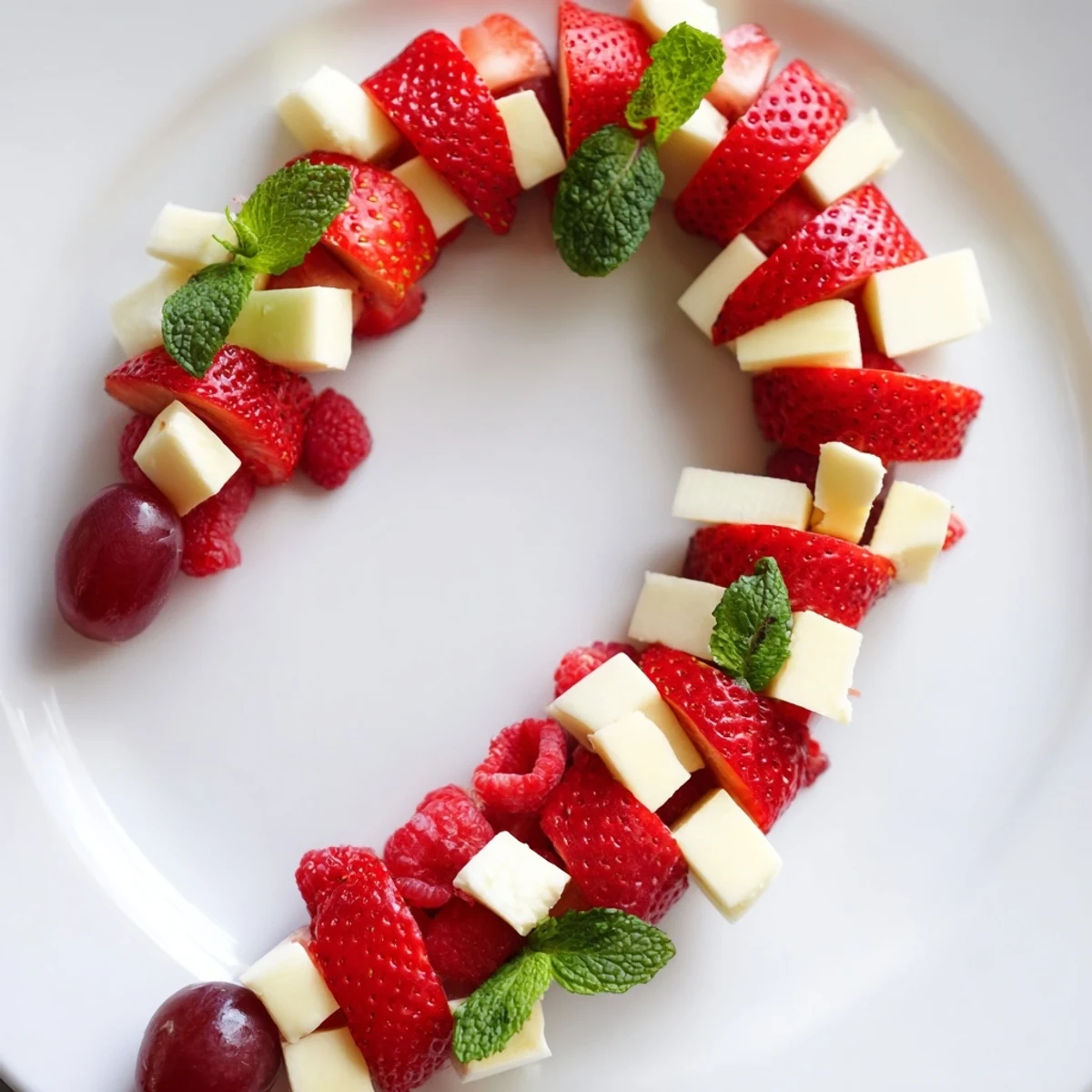Candy Cane Stripe Fruit and Cheese, a beautiful appetizer, showcases red fruits and white cheeses.