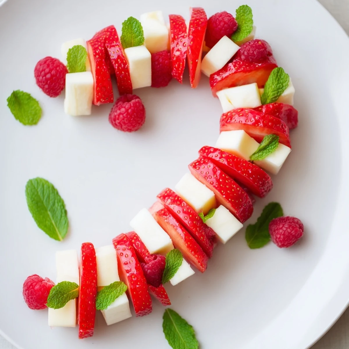 Visualize luscious Candy Cane Stripe Fruit and Cheese: strawberries next to mozzarella, ready to be enjoyed!