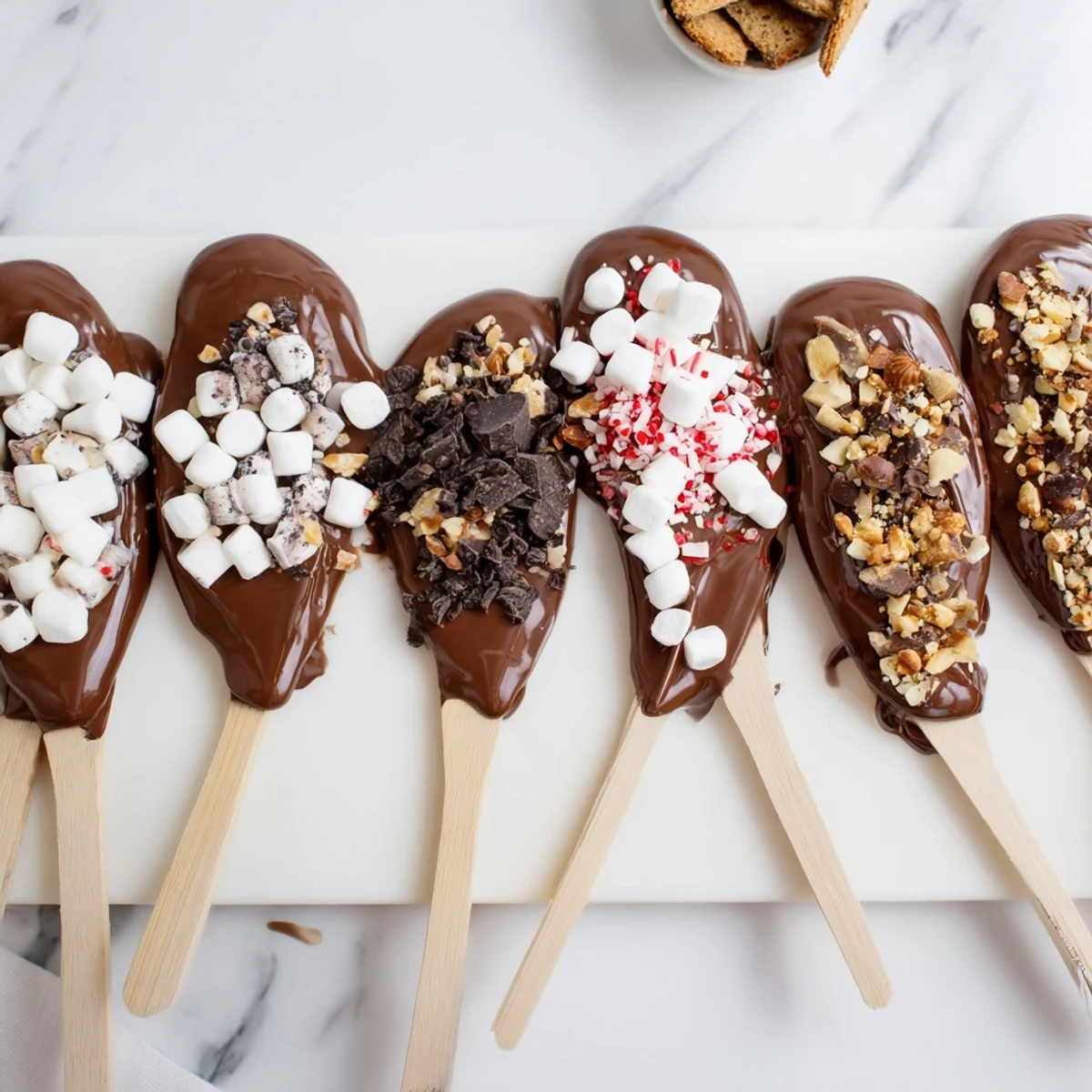 Enjoy this inviting view of a decadent Hot Chocolate Spoon Toppings Board with varied, colorful treats.
