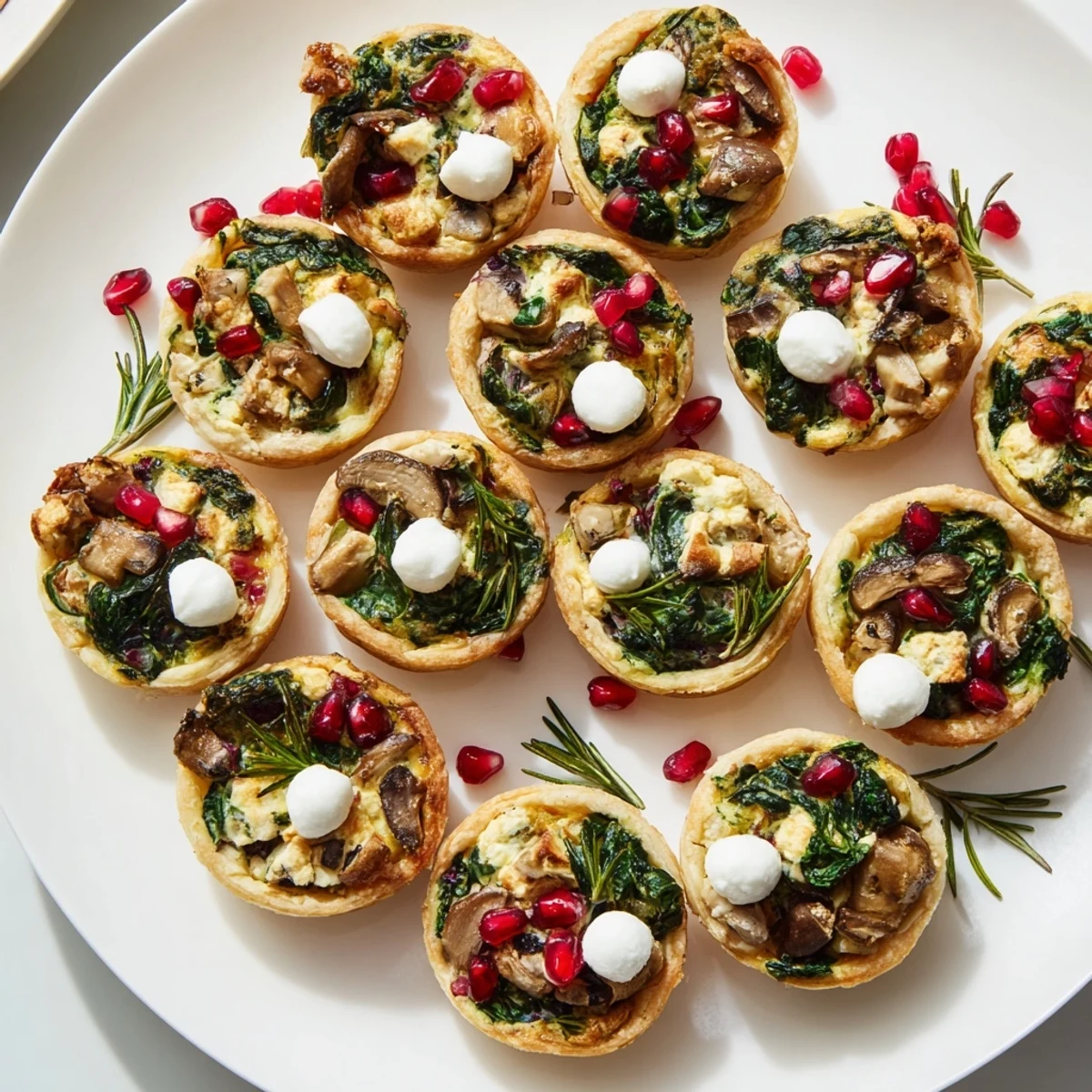 Enjoy the delicious assortment of savory mini quiches arranged as a joyful holiday village.