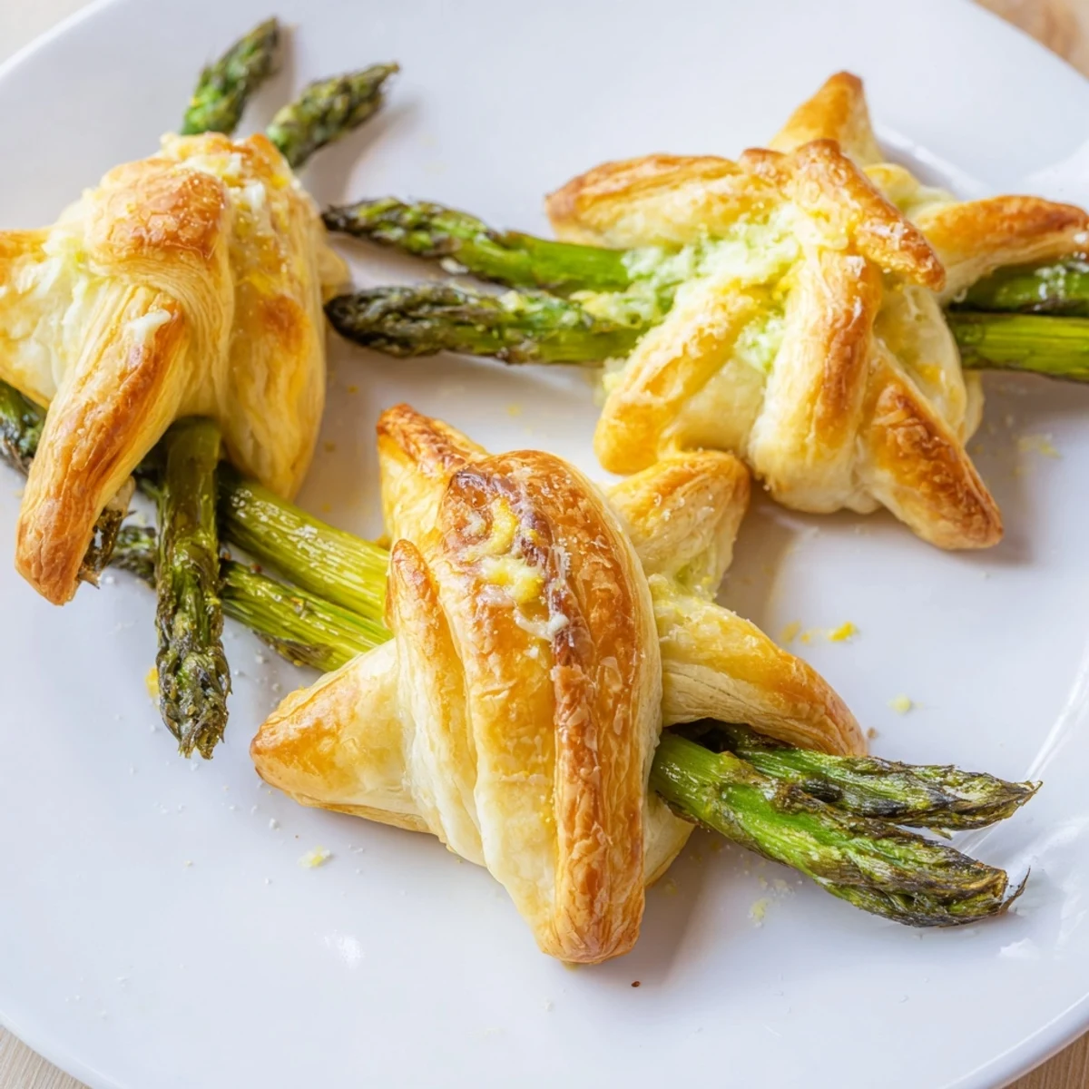 Golden-brown Star Shaped Asparagus Bundle Wraps, a flavorful appetizer, ready to serve warm.