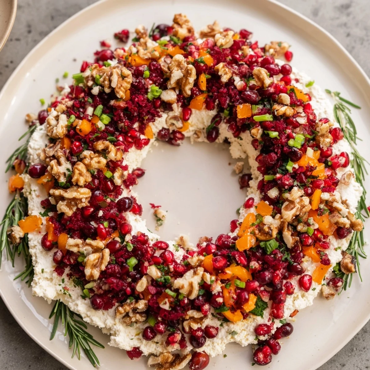 Appetizing photo of a festive Cranberry Feta Dip Wreath; a delicious vegetarian appetizer for sharing.