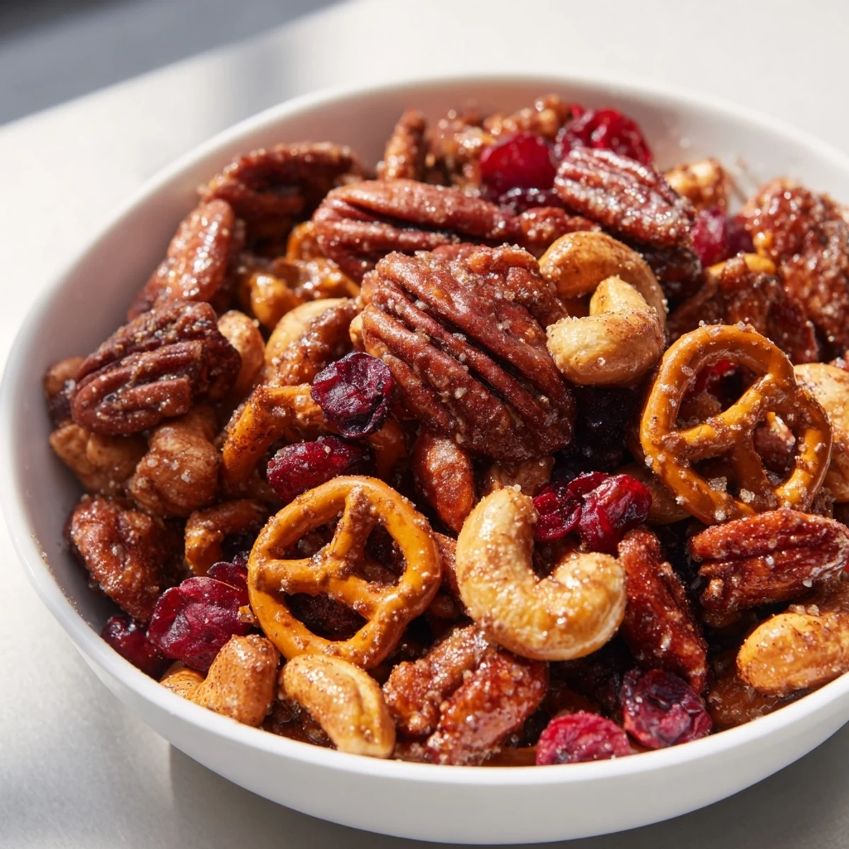 Golden-brown Sweet and Salty Holiday Nut Bowl: a delectable mix of roasted nuts for holiday gatherings.
