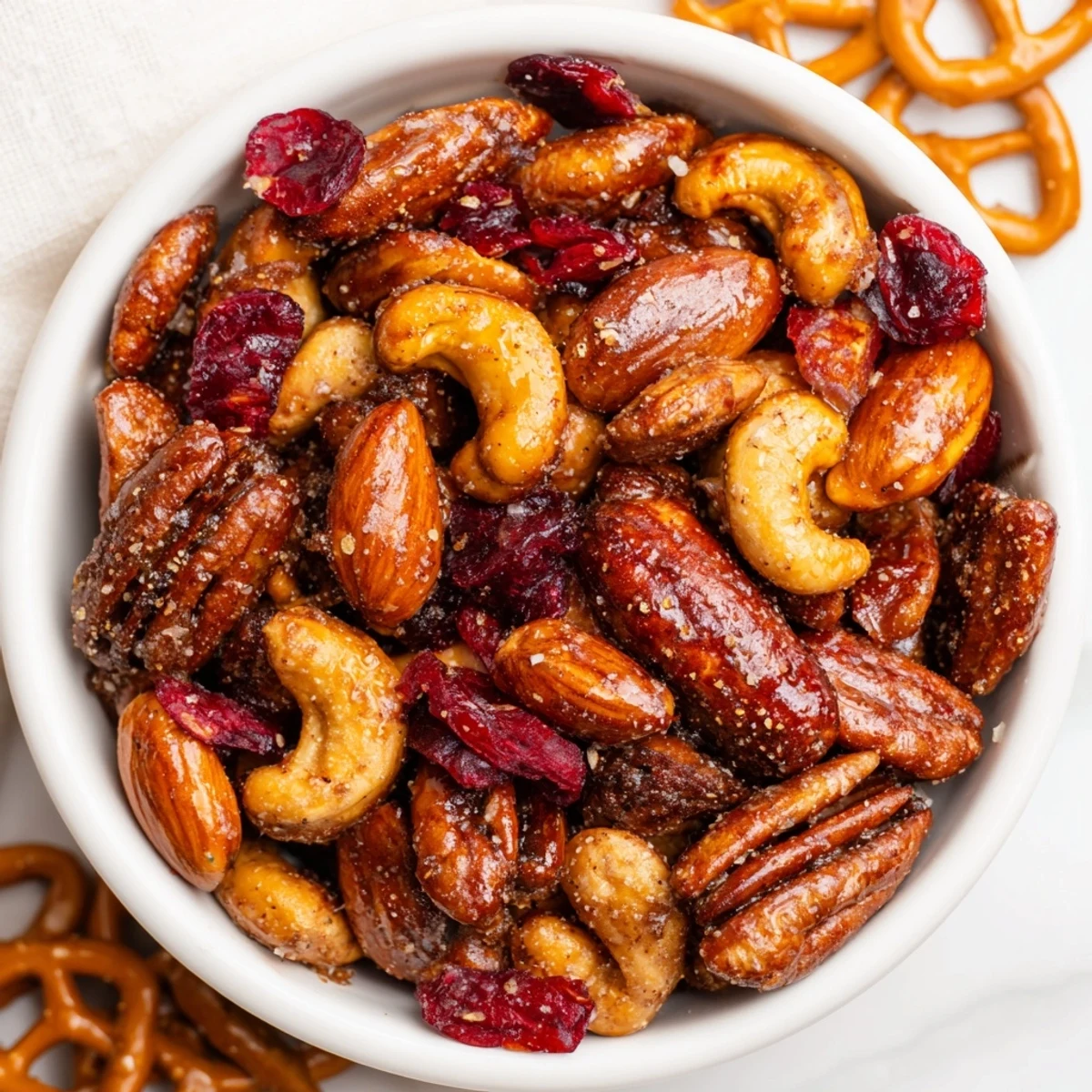 Close-up of a festive Sweet and Salty Holiday Nut Bowl, showcasing crunchy pretzels and spiced nuts.