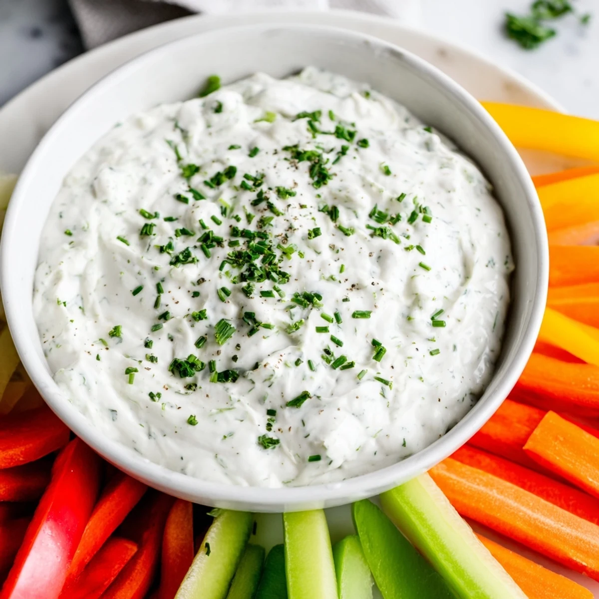 Kids Dip: Cream cheese and ranch dip, served with colorful veggie sticks, looks creamy and inviting.