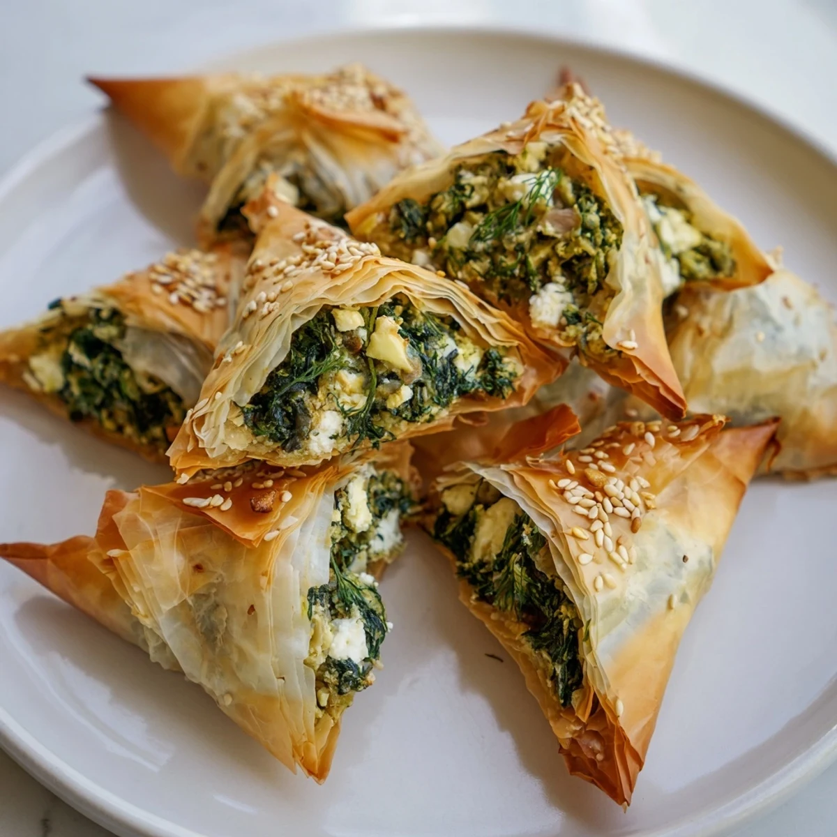 Close-up of baked Mini Spanakopita Triangle Cluster, invitingly arranged and ready to be enjoyed with a crispy texture.