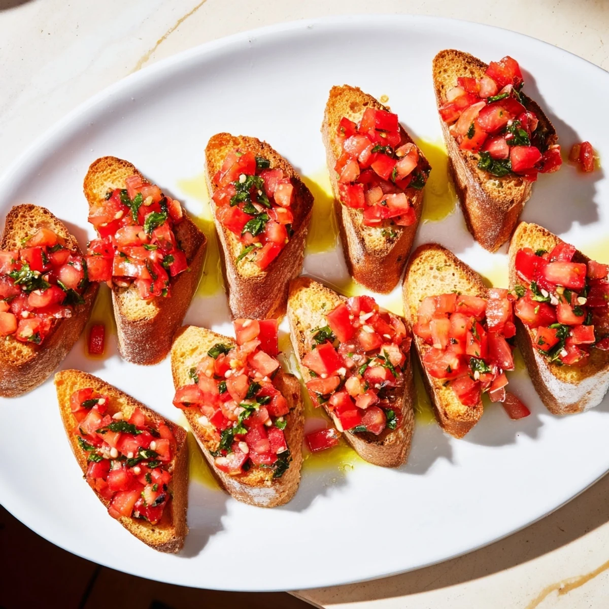 Golden, crispy bruschetta toasts arranged diagonally, topped with fresh tomatoes and basil for a delicious appetizer.