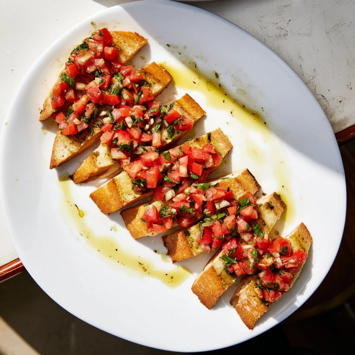 Juicy tomato and basil mixture piled high on garlic-rubbed bruschetta, a flavorful Italian treat ready to serve.