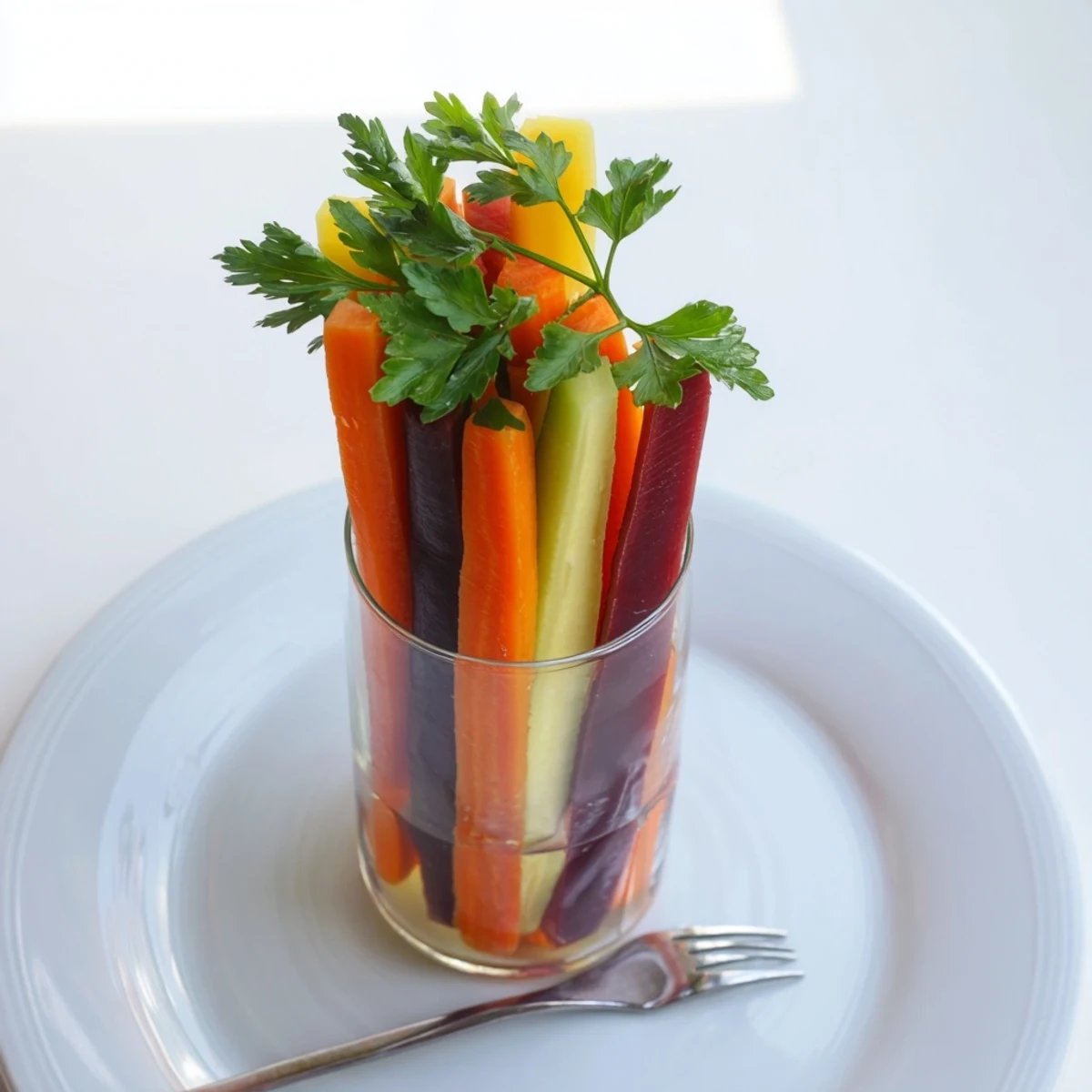 Crisp carrot sticks arranged in tall glasses, a visually appealing display of simple crudités.