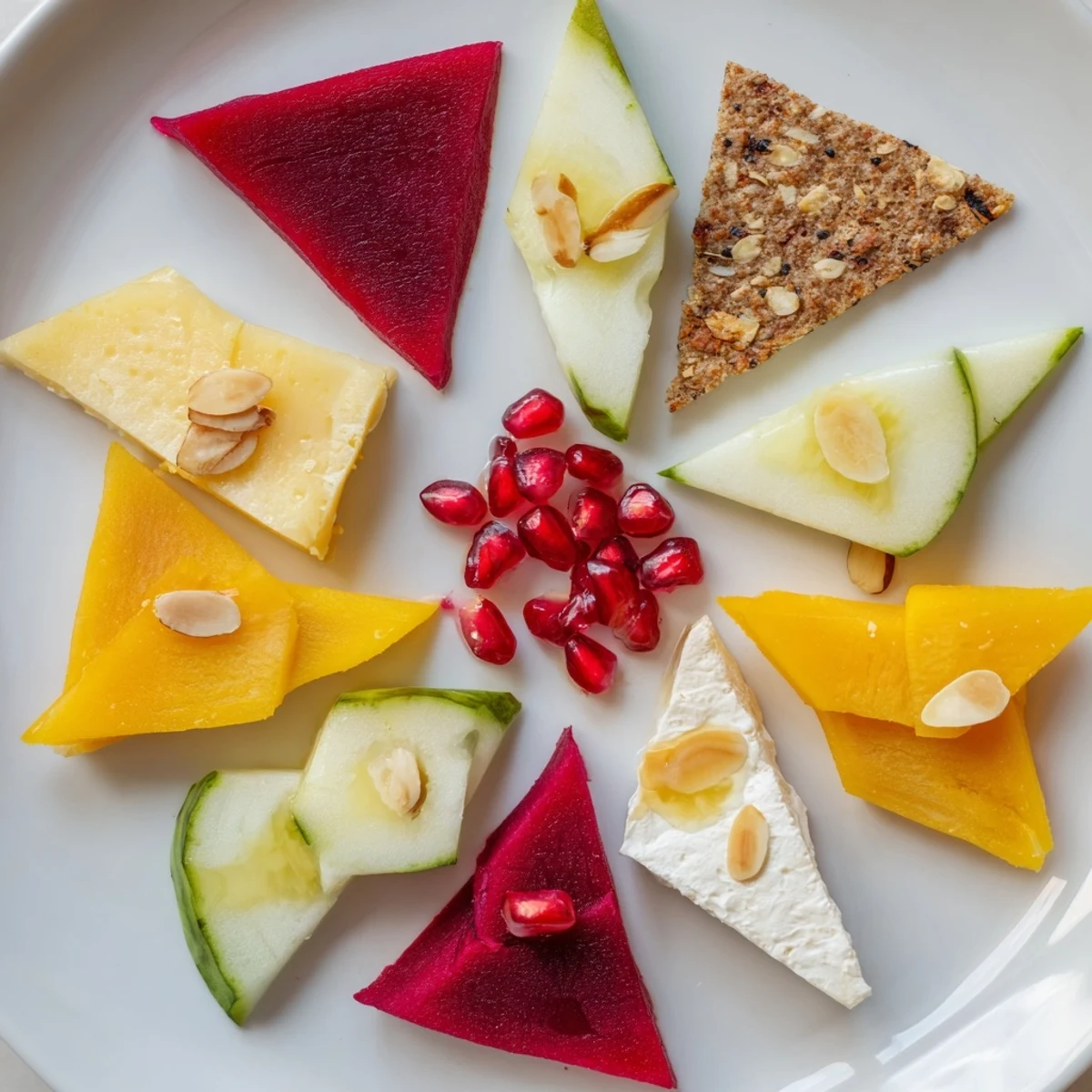 Freshly assembled The Tessellation Triangle shows off tasty ingredients, arranged in a perfect geometric pattern on a platter.