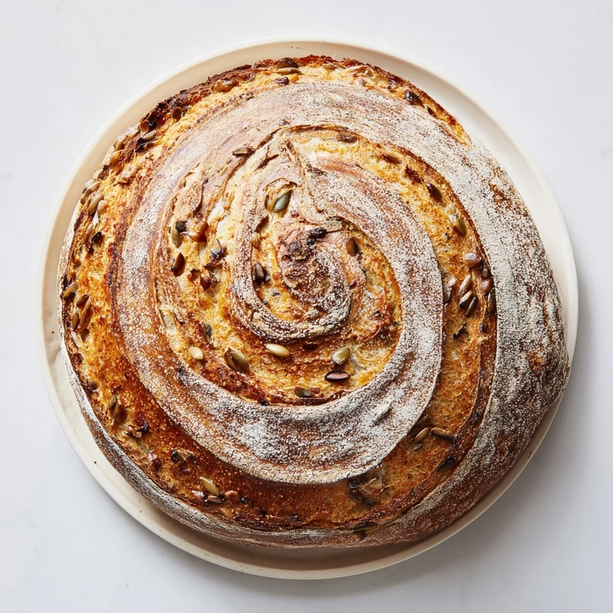 Fibonacci Spiral Growth Bread, with layers of seeds and nuts, ready to bake, a visually stunning loaf.