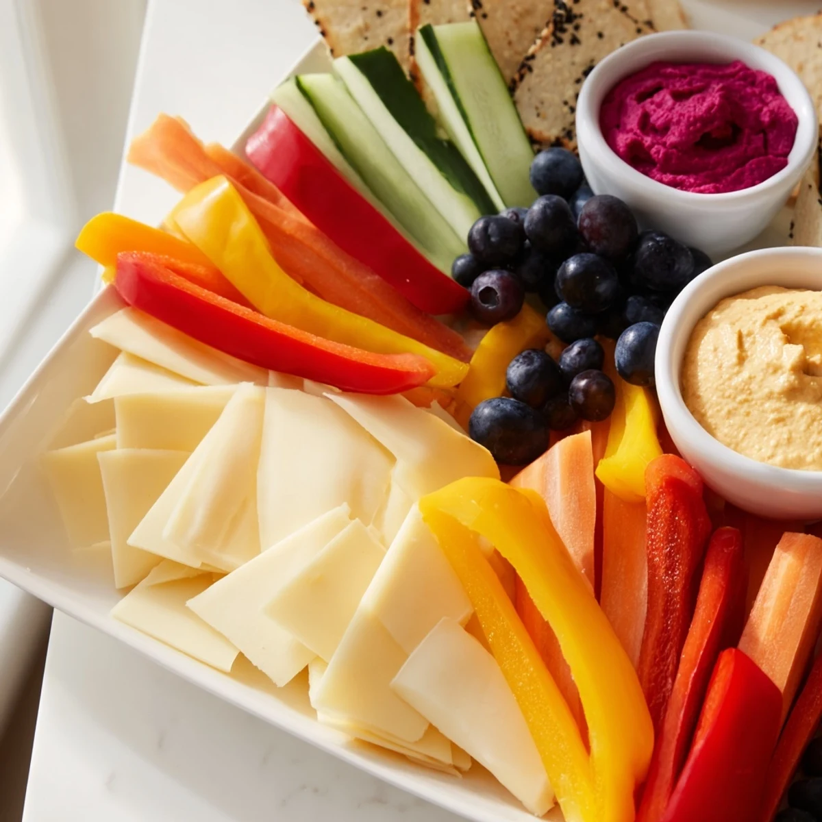 A beautiful, colorful Zig-Zag Lightning Strike platter featuring fresh vegetables and artisan cheeses, perfect for snacking.