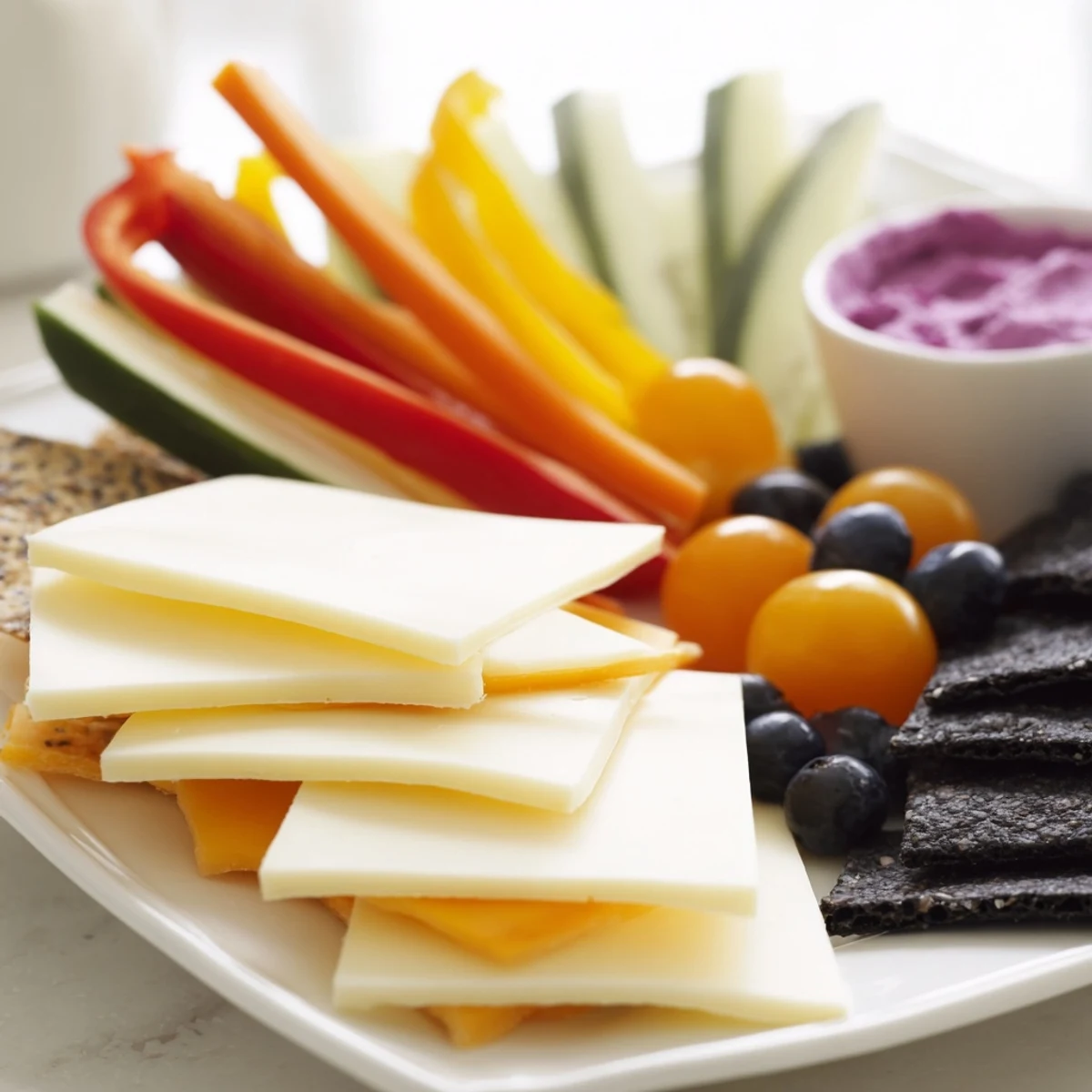 This Zig-Zag Lightning Strike, a visually dramatic appetizer, showcases colorful ingredients with hummus for dipping.