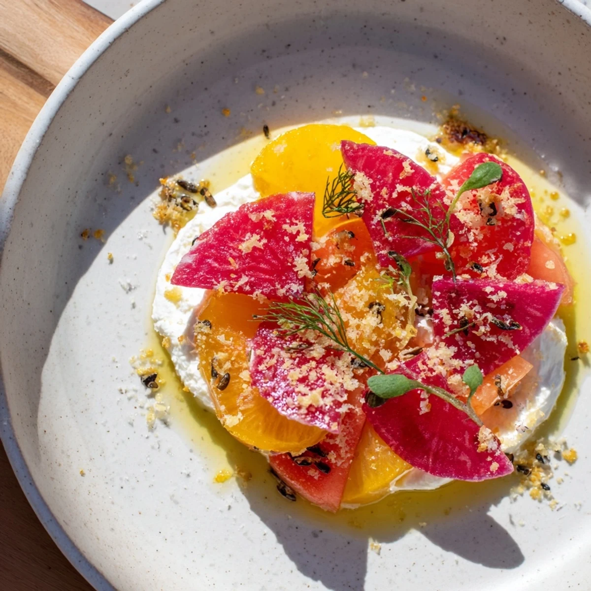 Elegant Radial Symmetry Sunburst salad, fanned out with colorful vegetables and creamy goat cheese, ready to serve.