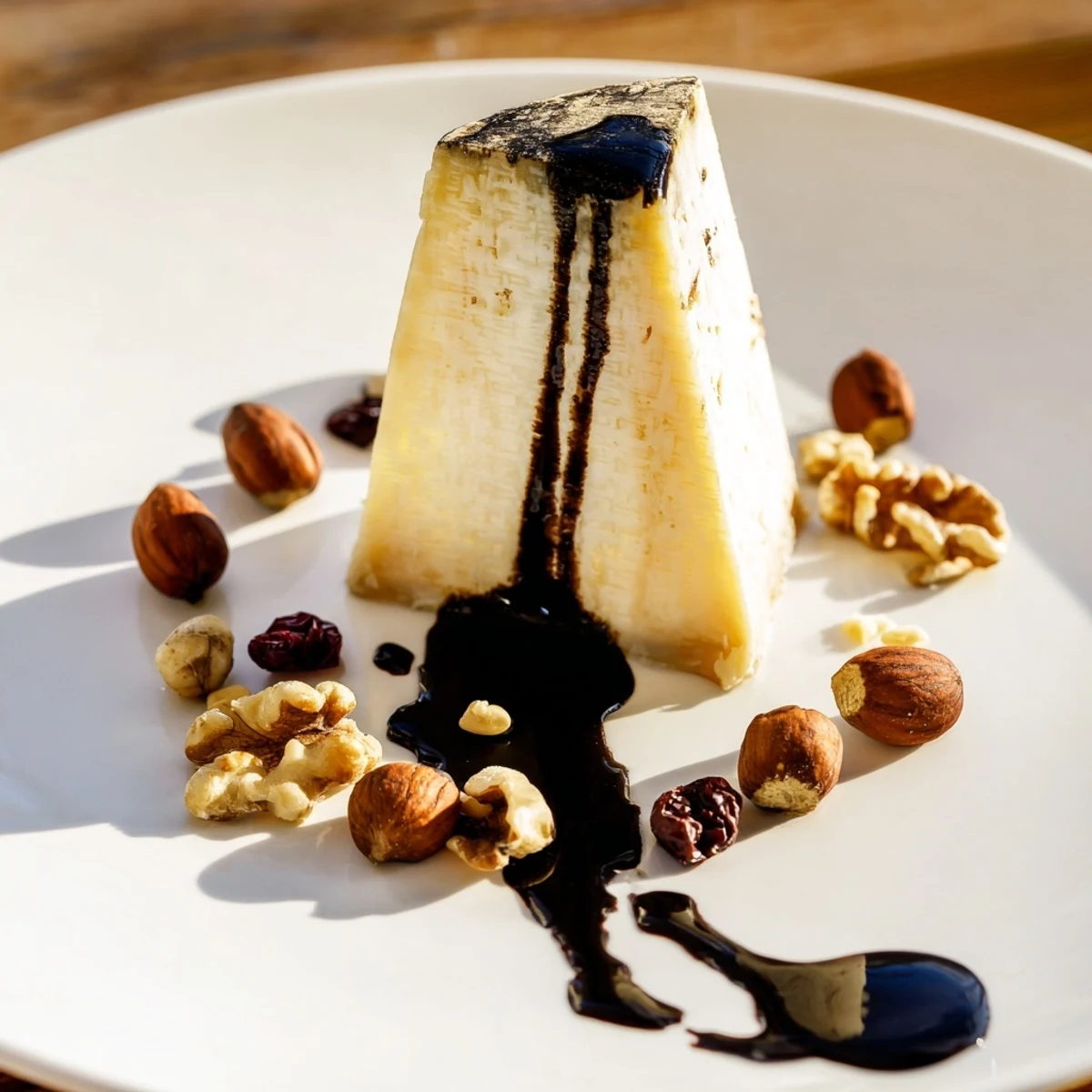 A beautiful "Sundial" cheese platter with balsamic shadow and nut-hour markers, ready to savor.