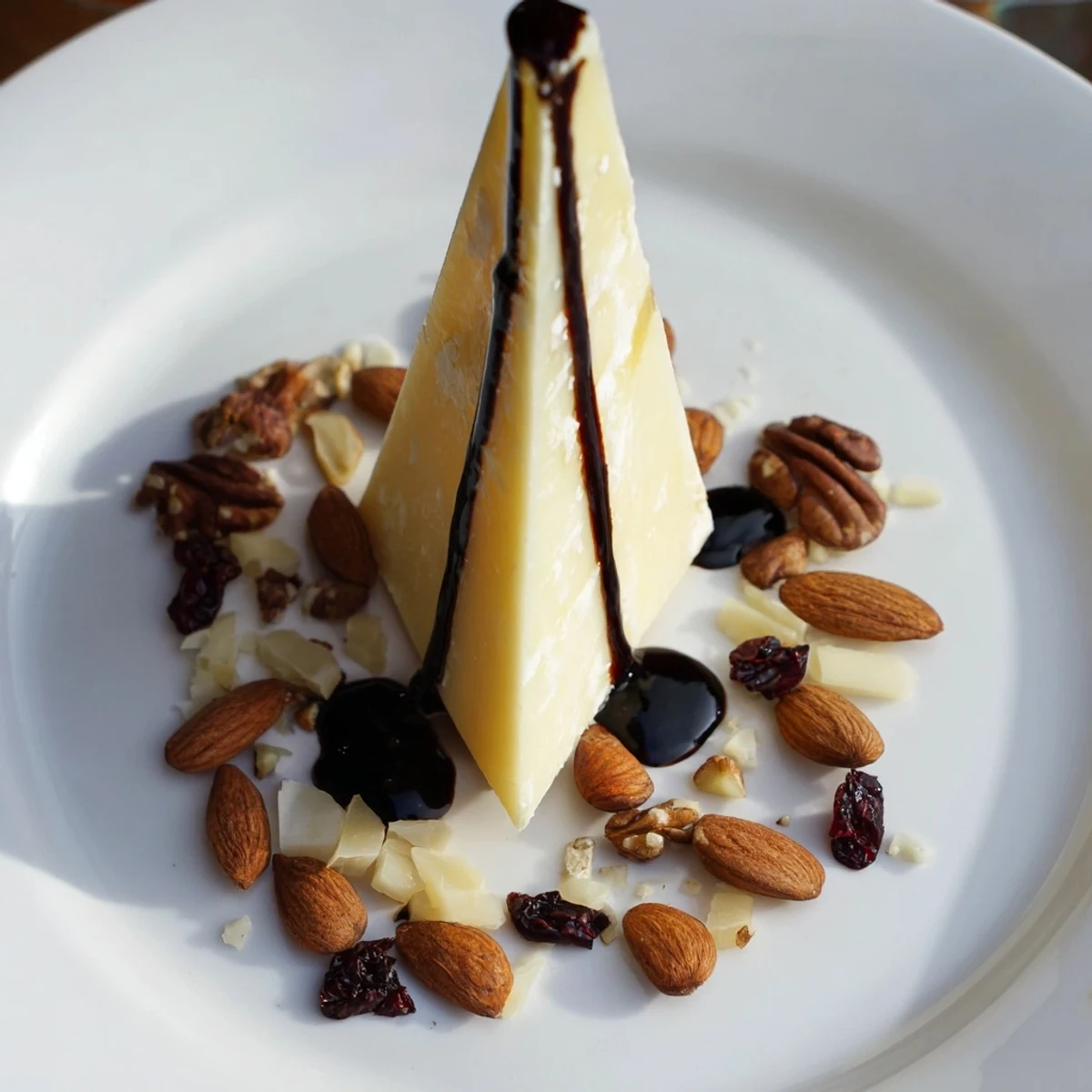 This stunning "Sundial" cheese platter showcases hard cheese, balsamic glaze, and various nuts for a treat.