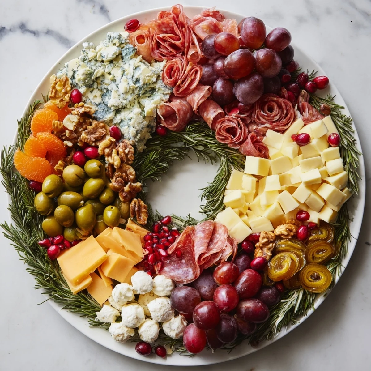 Holiday Wreath Cheese Platter, a beautiful appetizer with vibrant cheeses, fruits, and herbs.