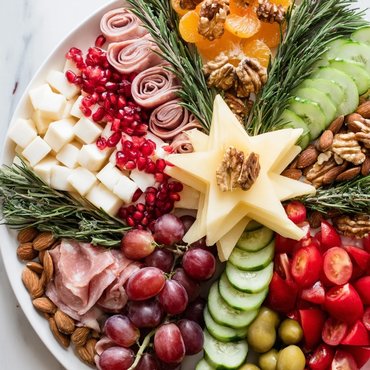 Enjoy the delicious variety of a Festive Holiday Tree Appetizer Platter, complete with a starfruit topper.