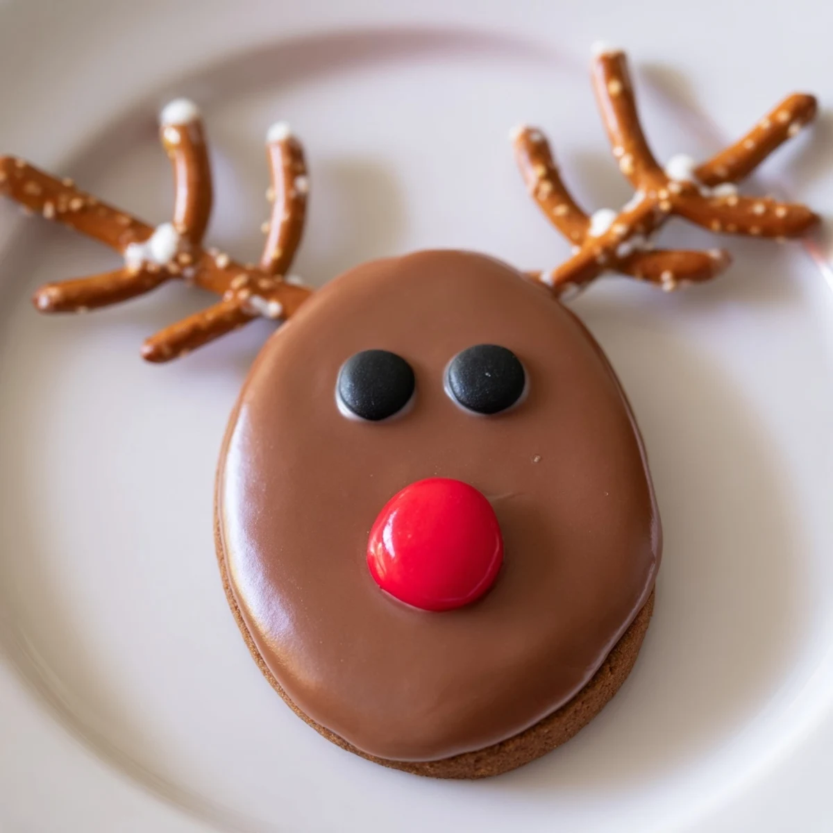 A close-up view of a Santa's Reindeer Cookie Platter, covered in colorful sprinkles and mini pretzels.