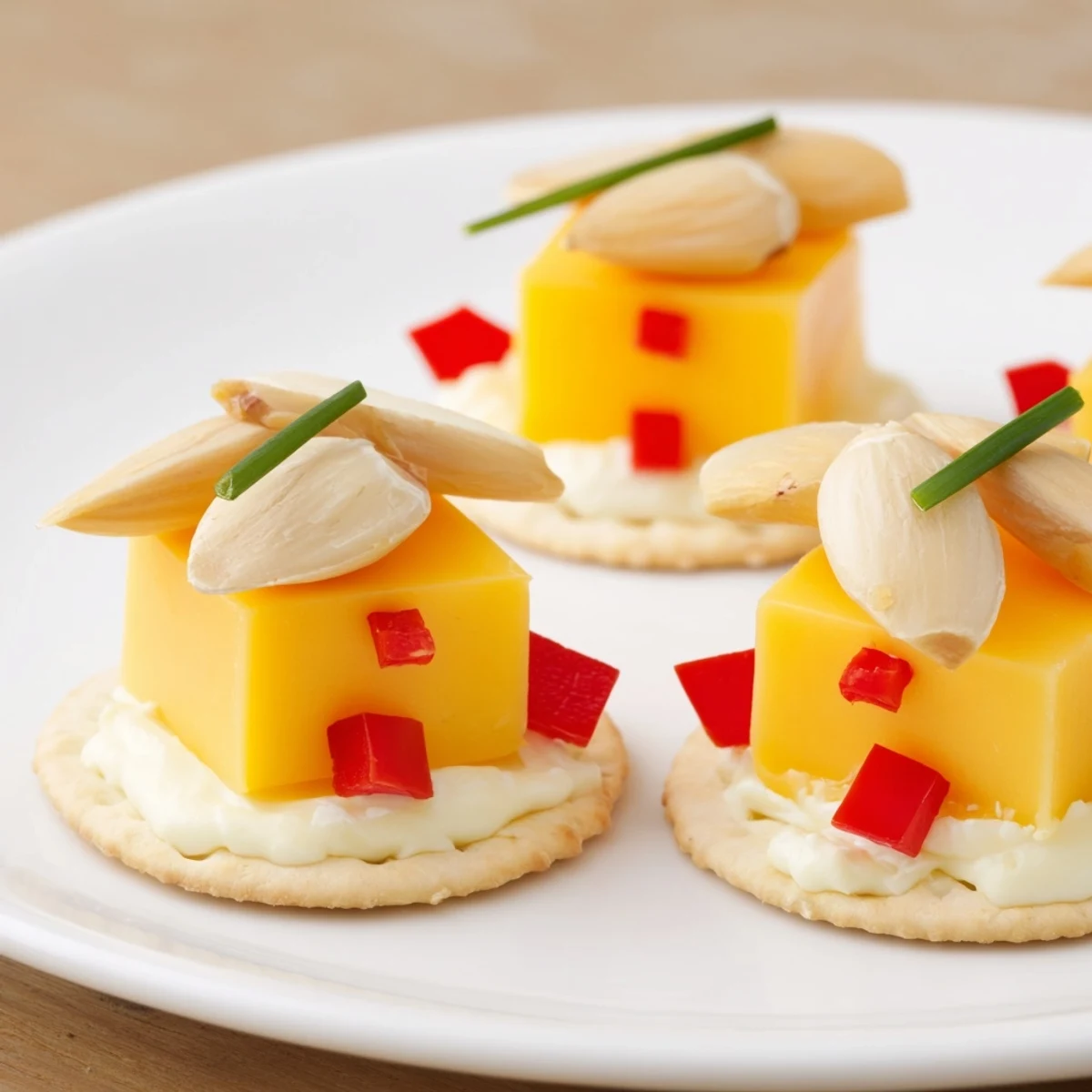 Miniature cheese houses, part of an Alpine Village, sit atop creamy crackers for a delightful party snack.