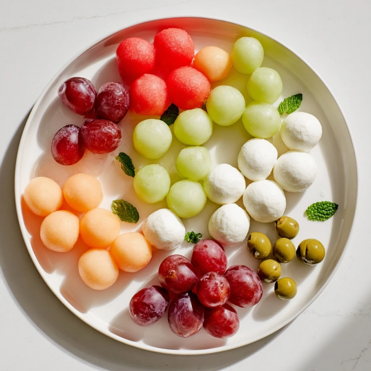 Visually stunning The Polka Dot Platter: a diverse array of fruity and cheesy bite-sized spheres.