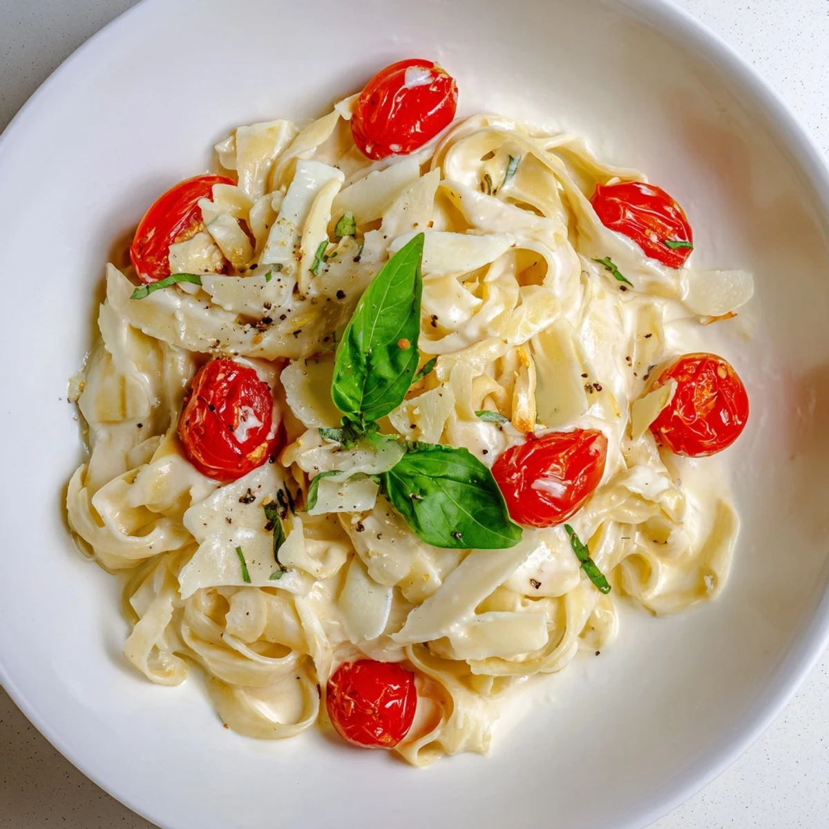 Creamy Baked Brie Pasta Sauce, with gooey melted brie and bursting cherry tomatoes, ready to serve.