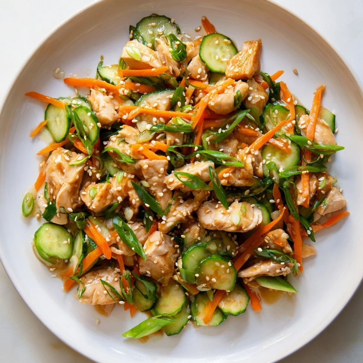 Close-up of a protein-rich deli container shaker chicken salad, ready to enjoy with a colorful mix.
