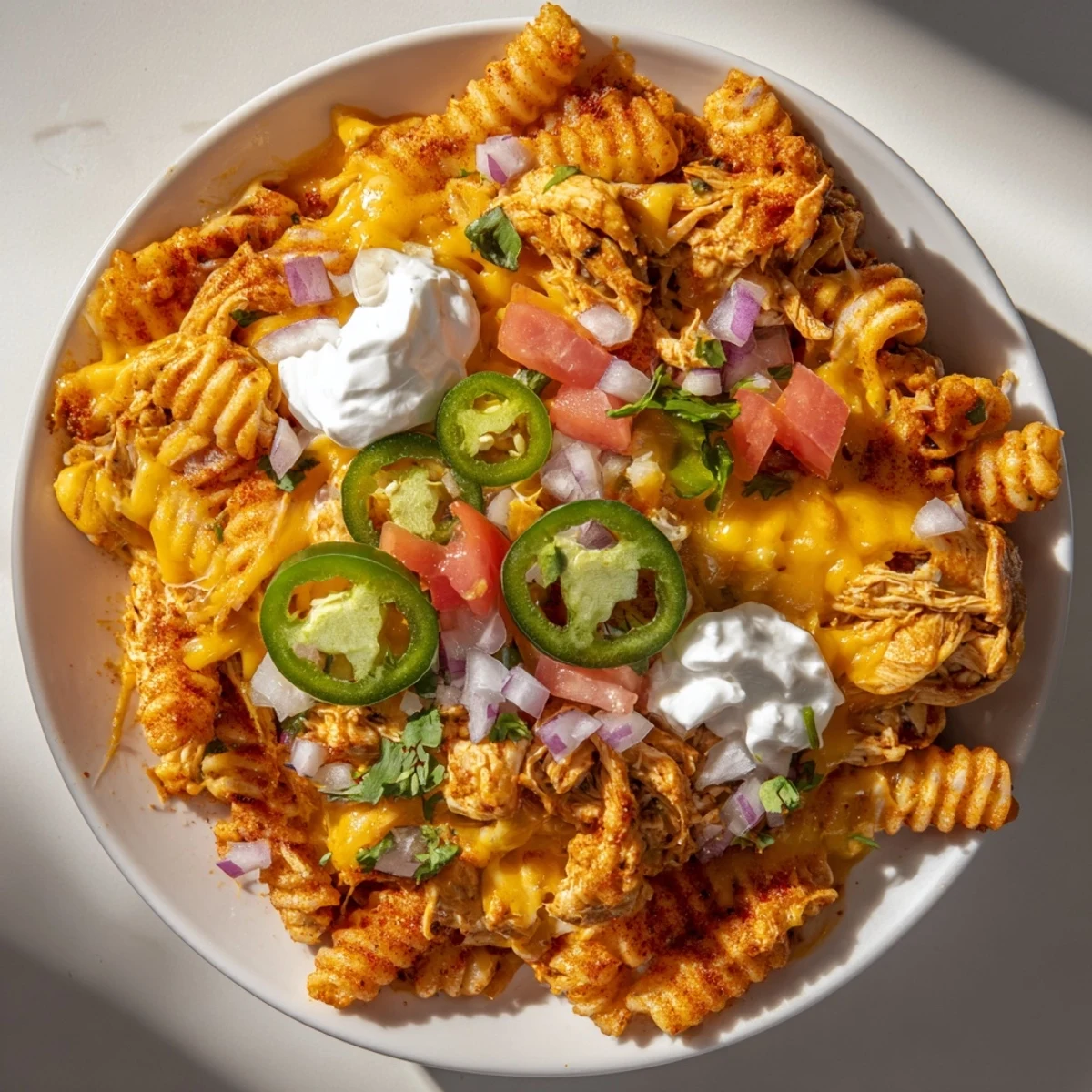 Golden, crispy Pasta Chip Nachos topped with melted cheese, spicy jalapeños, and savory taco chicken.