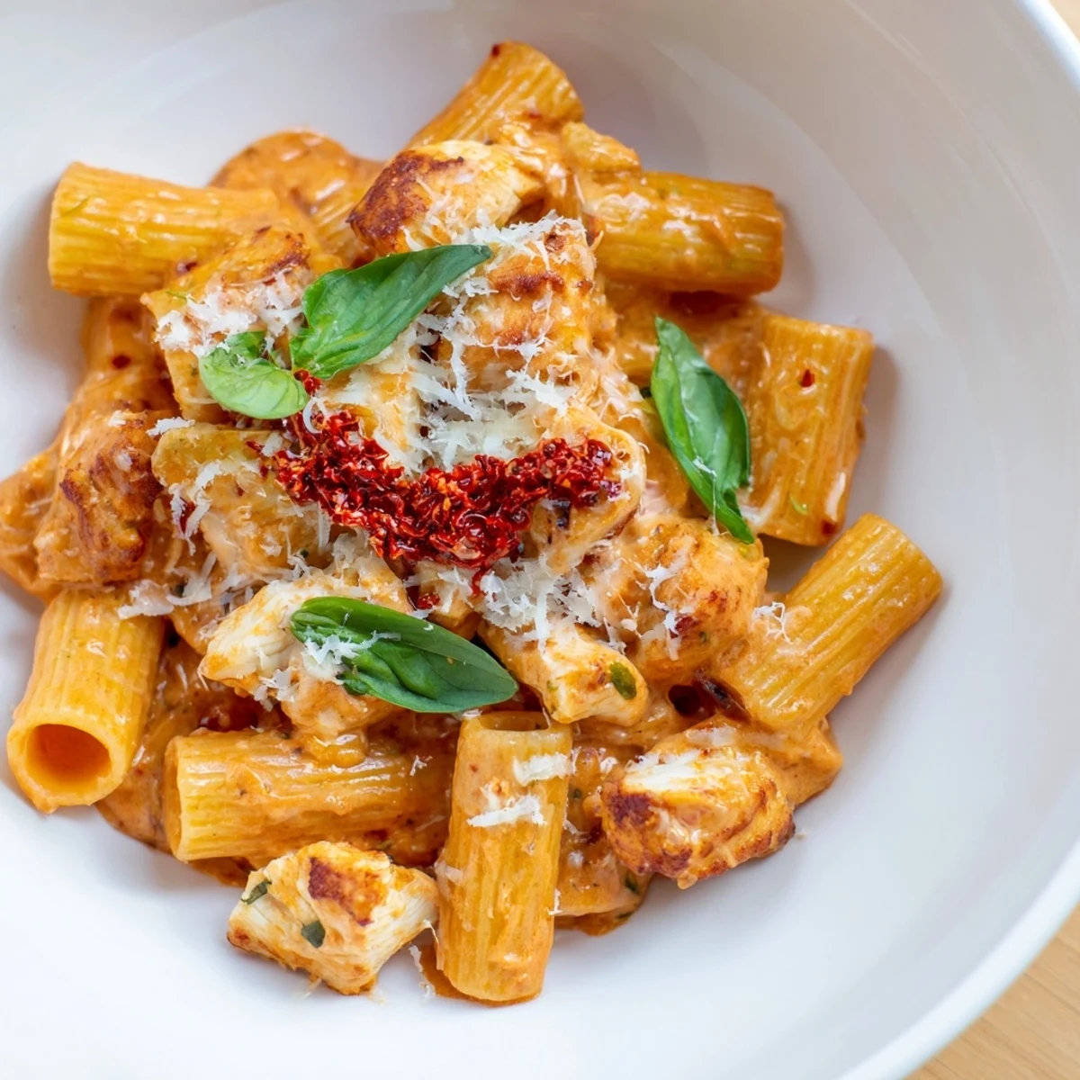 A comforting bowl of Spicy Vodka Chicken Pasta with perfectly cooked rigatoni and browned chicken pieces.