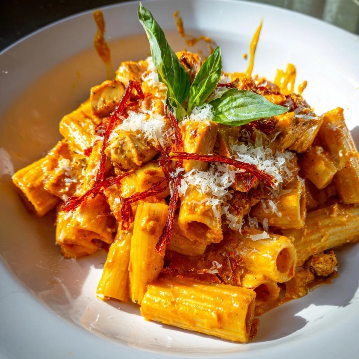 See the fiery red sauce hugging that luscious Spicy Vodka Chicken Pasta, ready for a flavorful dinner.