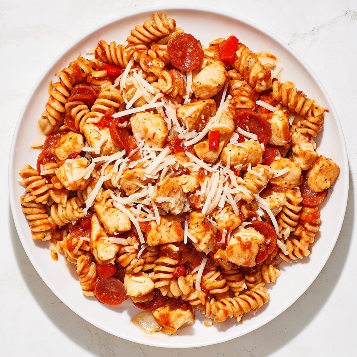 Imagine the aroma: This photo captures a steaming bowl of one-pan pizza pasta sprinkled with fresh herbs.
