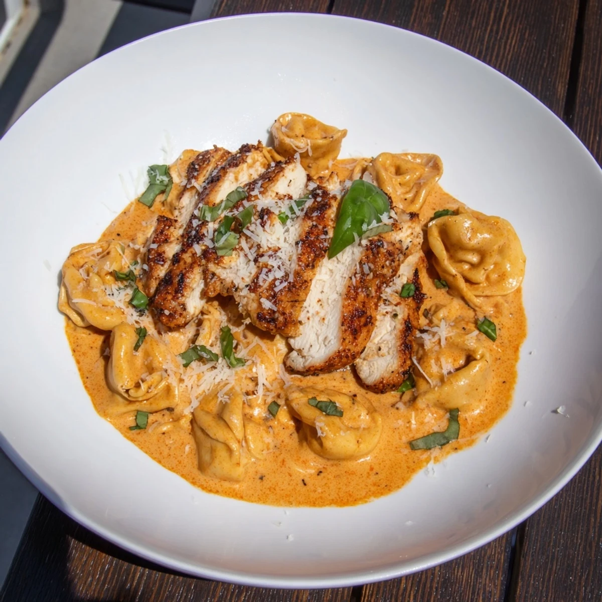 Glistening, creamy Marry Me Chicken Tortellini with visible cheese tortellini and Parmesan cheese sprinkles.