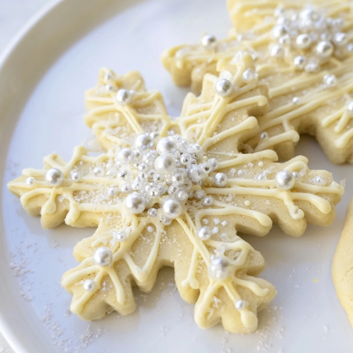 Delicate Winter Snowflake Platter cookies, drizzled with white chocolate and sparkling sugar, ready to enjoy.