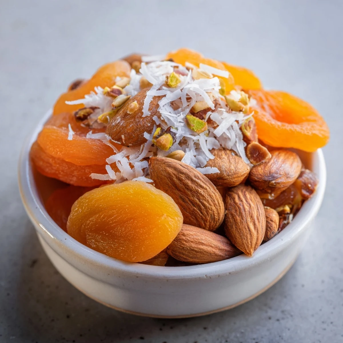 Pile of Almonds and Dried Apricots: A colorful, easy snack featuring sweet apricots and crunchy almonds.