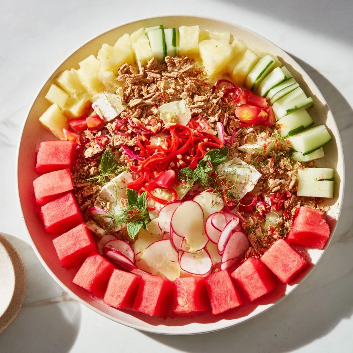 Vibrant concentric rings of flavor: a colorful appetizer featuring sweet pineapple and spicy chickpeas.