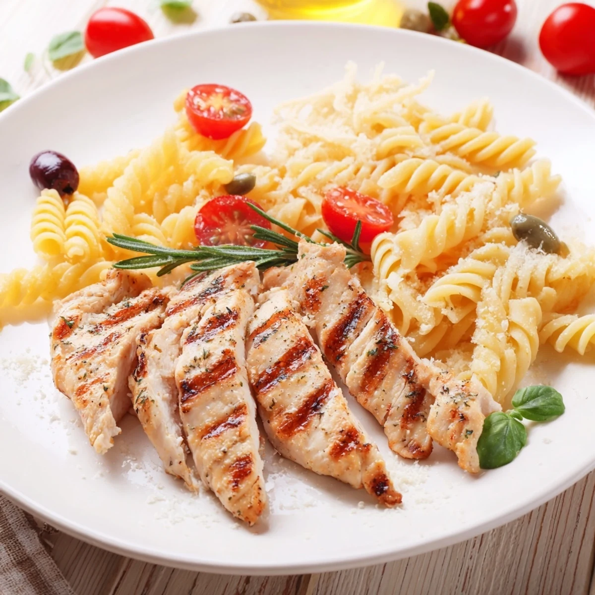 Girl Dinner Pasta Board, a colorful board with three pastas, sauces, and grilled chicken strips.