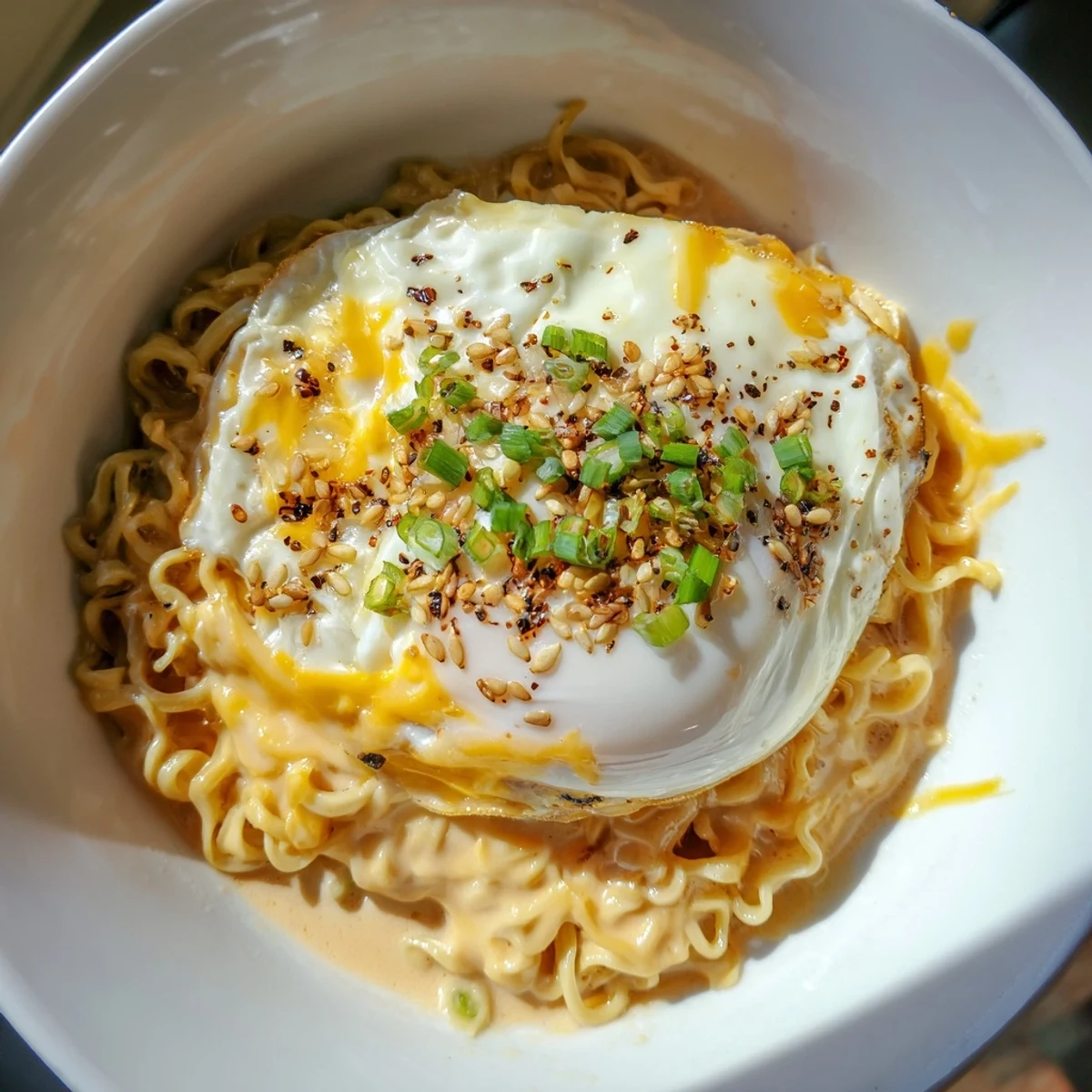 Creamy Instant Cheese Ramen Bowl with delicious noodles, ready to be enjoyed as a quick meal.