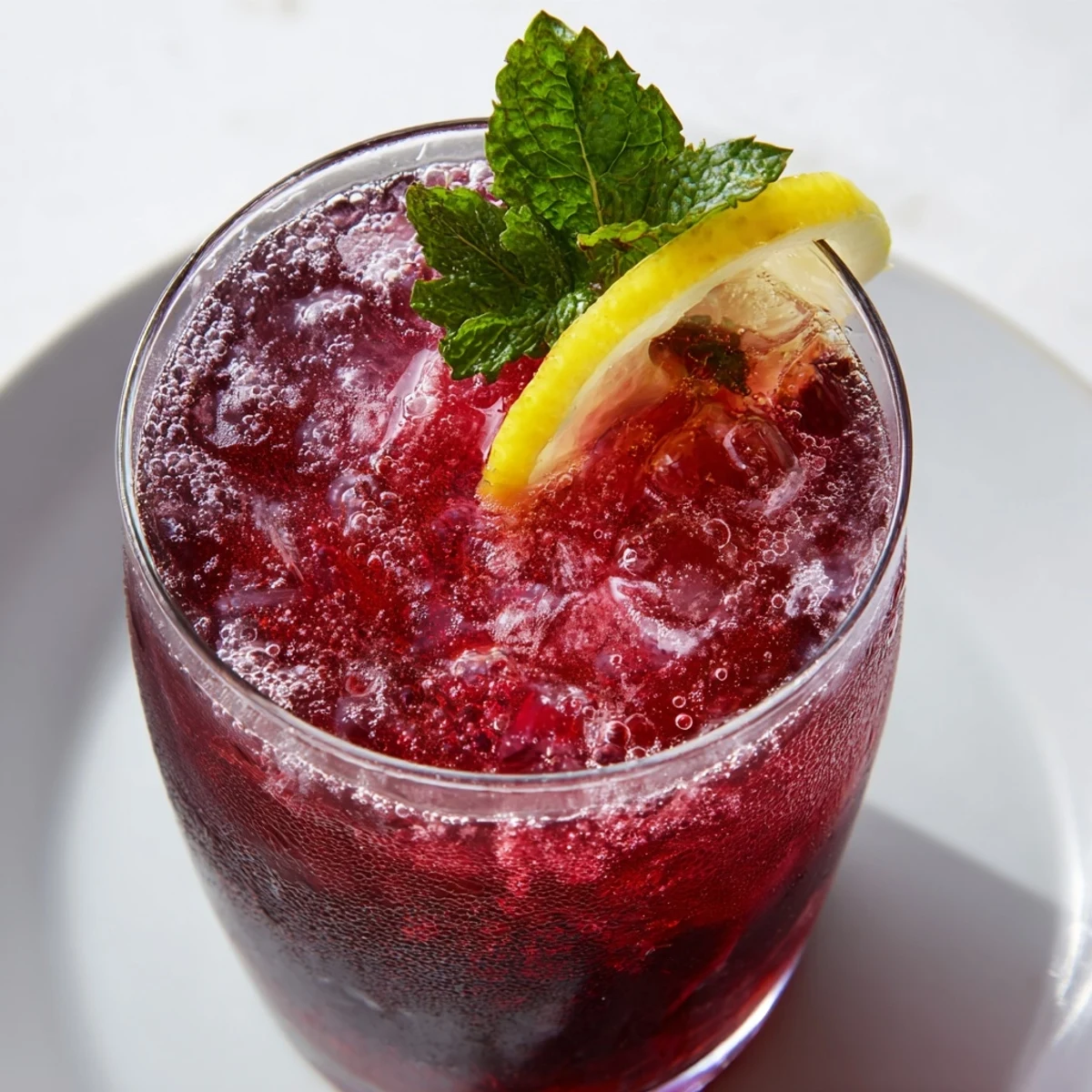 A chilled glass showcases the vibrant Sleepy Girl Cherry Mocktail, garnished with fresh mint and lemon.