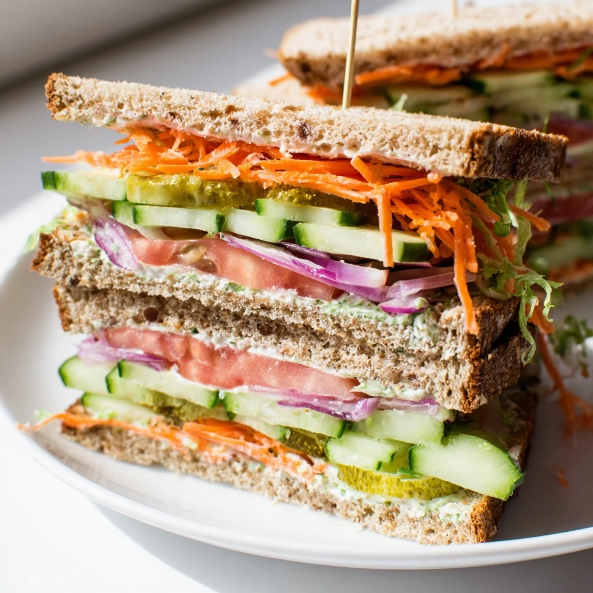 Crunchy dill pickle sandwich layers include pickles, tomatoes, & veggies on toasted bread; a tasty lunch!
