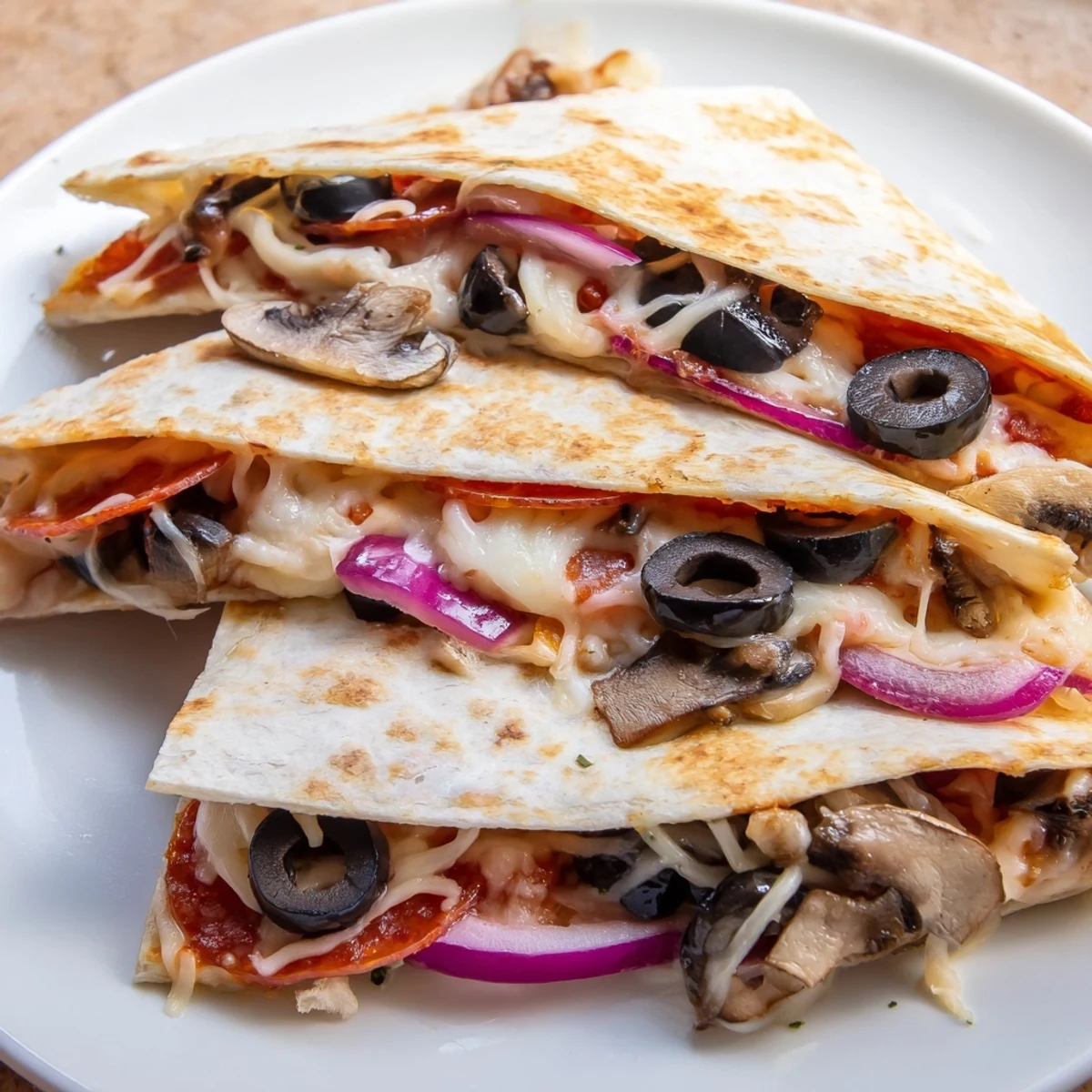 Golden, melty Cheesy Tortilla Pizza Wrap filled with pepperoni, olives, and bubbling mozzarella cheese.