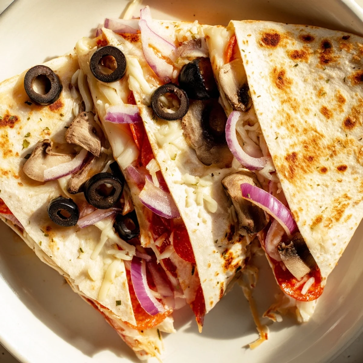 A perfectly folded Cheesy Tortilla Pizza Wrap, showing crispy edges and a delicious, cheesy filling.