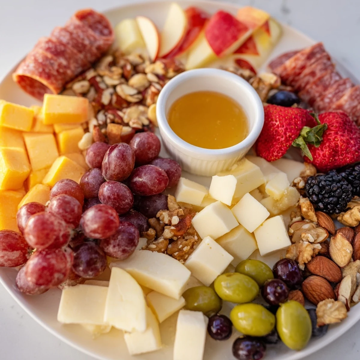 A close-up of a quick charcuterie snack board overflowing with delicious cheeses and meats.