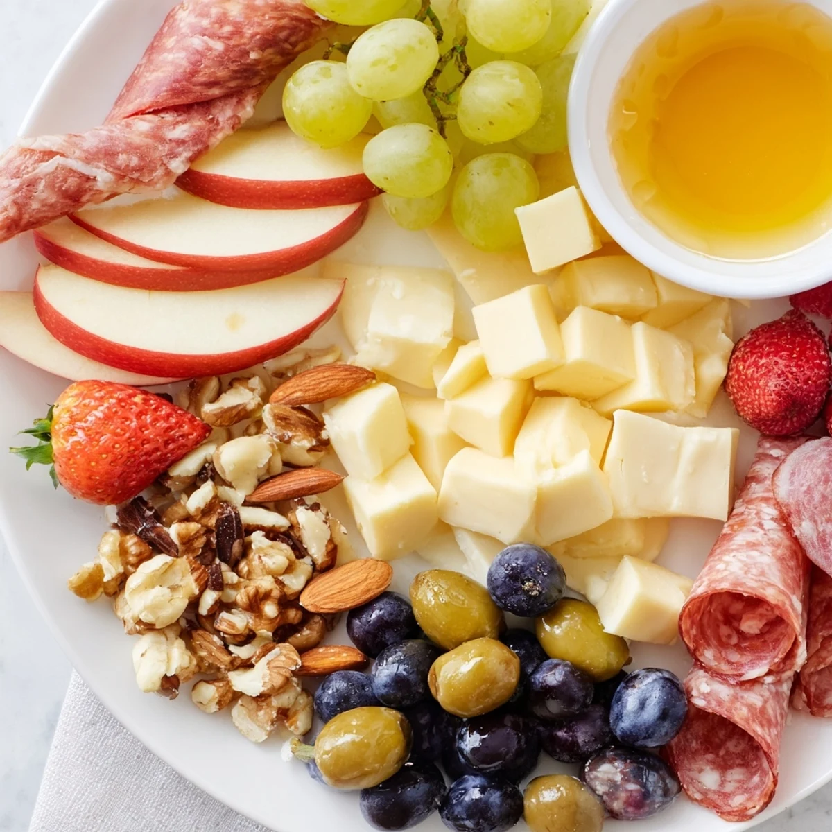 Quick charcuterie snack board with colorful cheeses, meats, fruit, and crackers ready to enjoy.