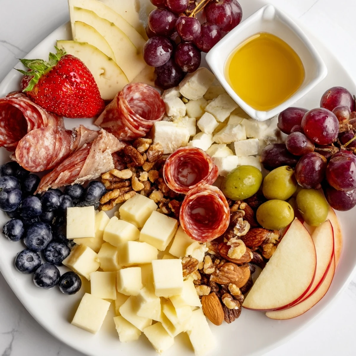 Delicious, easy quick charcuterie snack board: a perfectly arranged cheese and meat platter.